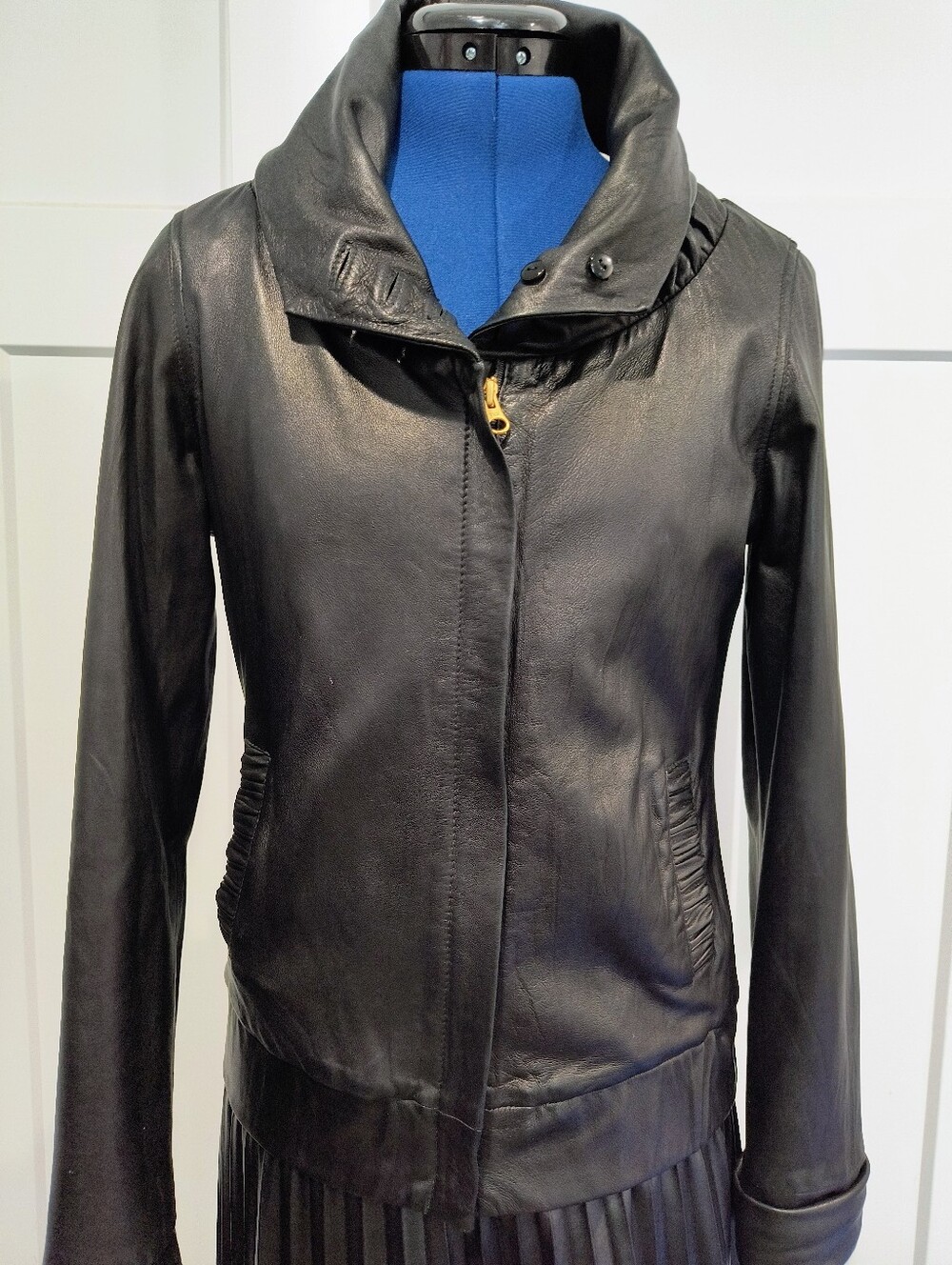 Mike & Chris Black Leather Funnel-Collar Jacket
